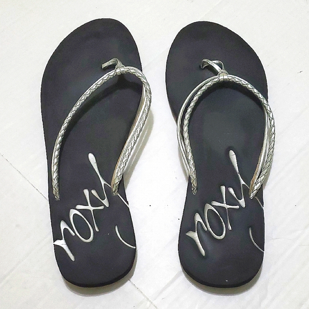 Roxy Black & Silver Threaded Summer Beach Flip Flops 10